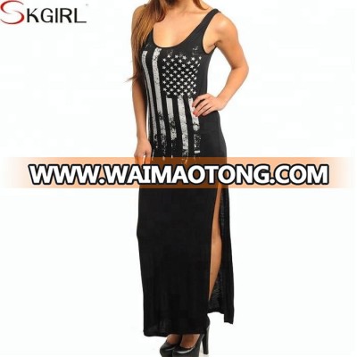 Graphic Cotton Sleeveless Scoop Neck Long Maxi High Slit Tank Racerback Sun Dress