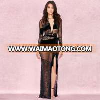 black lace v-necked sexy transparent maxi dress with party club dress