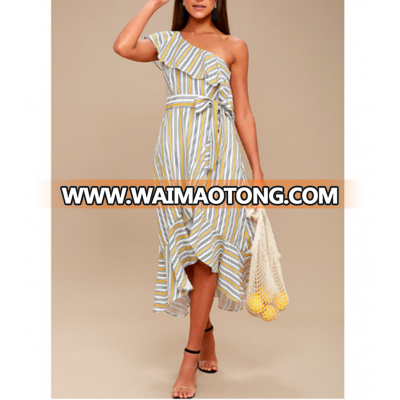 Women Summer Party Dress High Tide Yellow Striped One Shoulder Midi Dress Ruffled Flounce Hem Elegant Empire Beach Dress