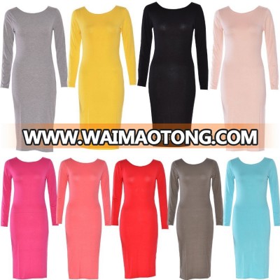 Ladies Women Plain Long Sleeve Stretch Bodycon Knee Length Midi Dress Plus Size Clothing